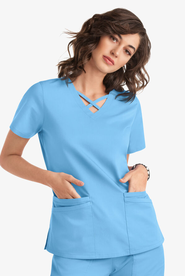 Blusa m&eacute;dica UA Butter-Soft STRETCH con lazos entrecruzados y 4 bolsillos para mujer - Blue Oasis - 5