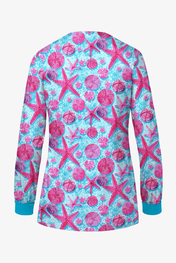 Butter-Soft STRETCH Crystal Reef Fuchsia Women's 3-Pocket Hidden Snap Front Print Scrub Jacket - null - 2