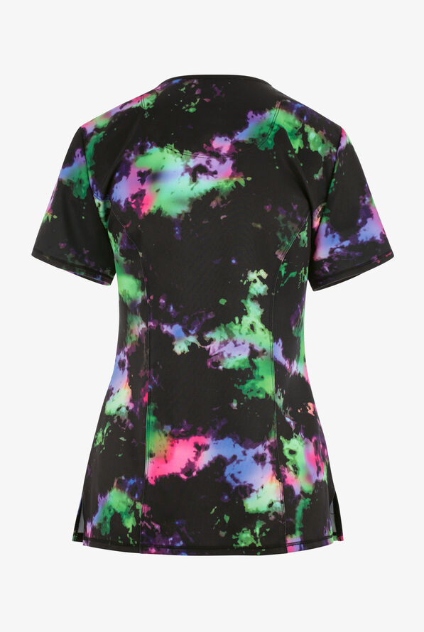 Cherokee Infinity Color-blur Texture Tie Dye Women's 3-Pocket STRETCH Mock Wrap Print Scrub Top - null - 2