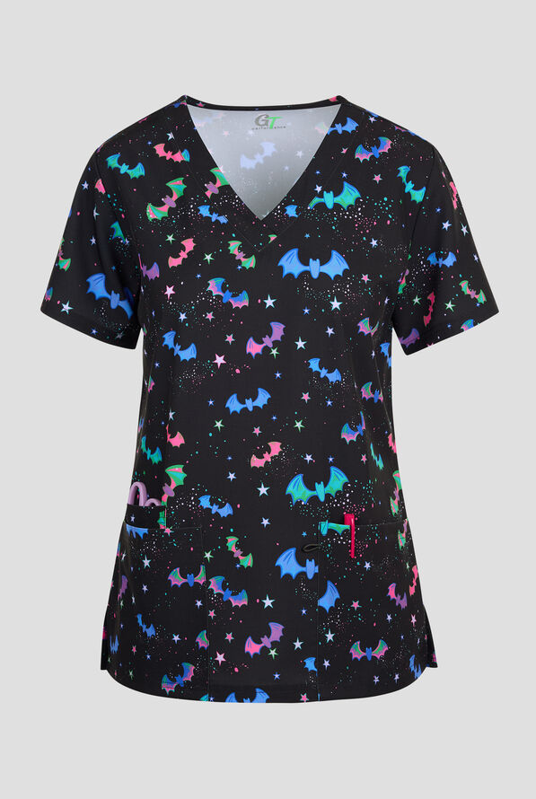 Green Town Glowing Bats Women's 3-Pocket STRETCH V-Neck Print Scrub Top - null - 1