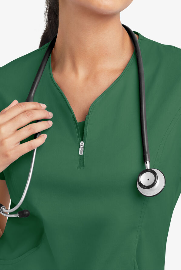 Butter-Soft STRETCH Women's 4-Pocket Curved Neck Zipper Scrub Top - Hunter - 5