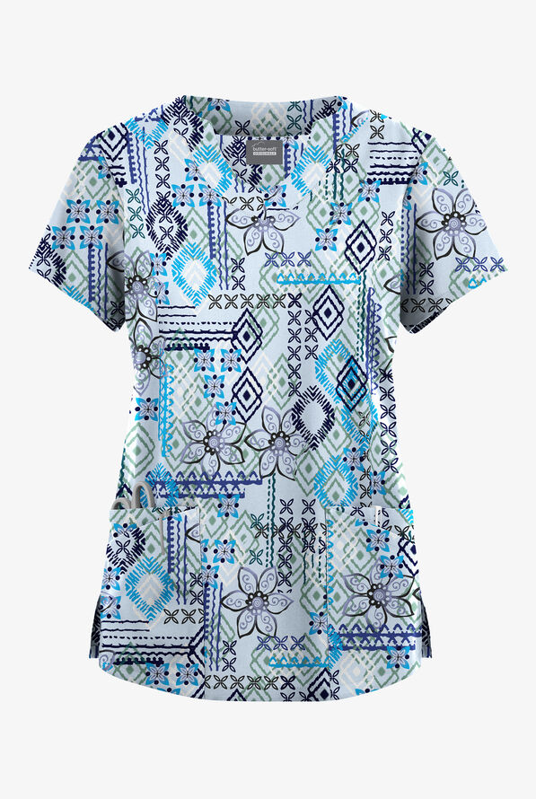 Blusa médica estampada Butter-Soft Originals Floral Batik Morning Dew con cuello festoneado y 6 bolsillos para mujer - null - 1