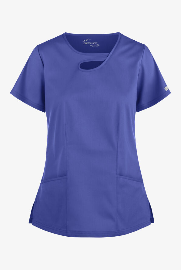 Blusa m&eacute;dica Butter-Soft STRETCH con cuello asim&eacute;trico tipo ojo de cerradura y 2 bolsillos para mujer - Amparo Blue - 1