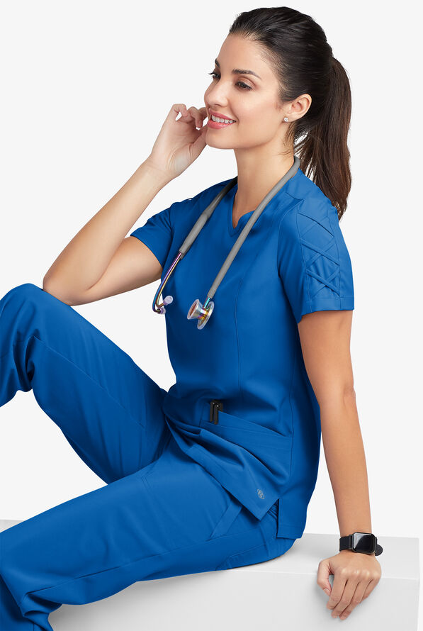 Easy STRETCH Kylie Woman's 5 Pocket V-Neck With Criss-Cross Detail Scrub Top - Royal - 8