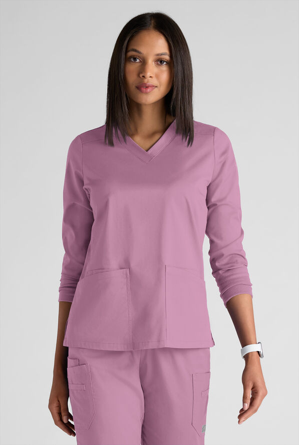 Butter-Soft STRETCH Women's 5-Pocket 3/4" Sleeve V-Neck Scrub Top - Smokey Mauve - 1