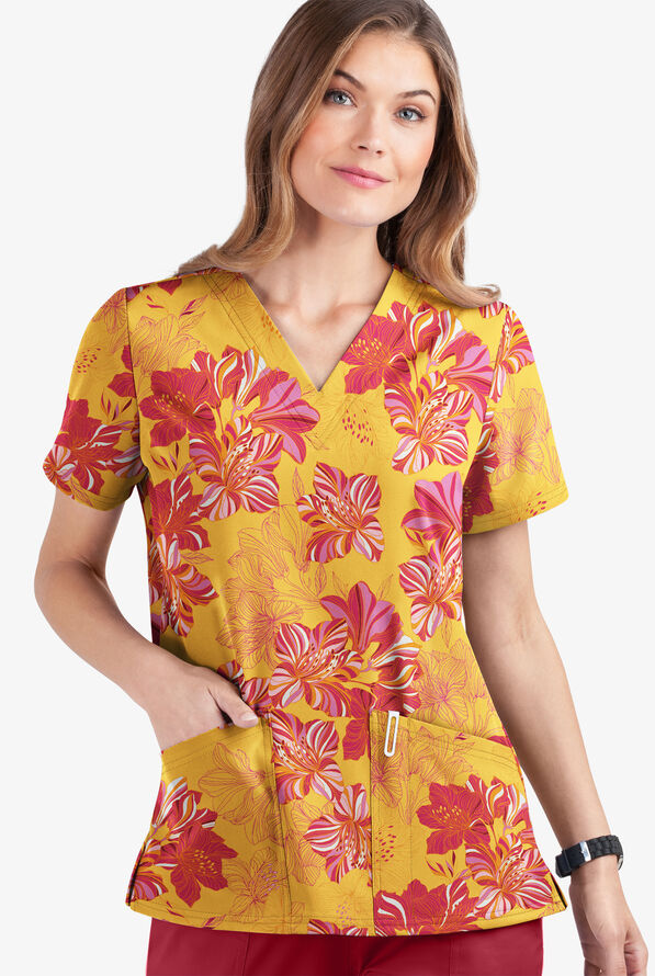 UA Butter-Soft STRETCH Garden Lilies Pineapple Women's 2-Pocket V-Neck Print Scrub Top - null - 1