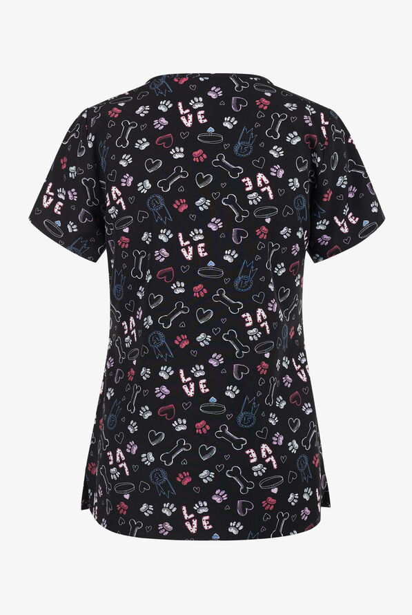 Zoe & Chloe Best in Show Hearts Women's 2-Pocket STRETCH Round Neck Print Scrub Top - null - 2