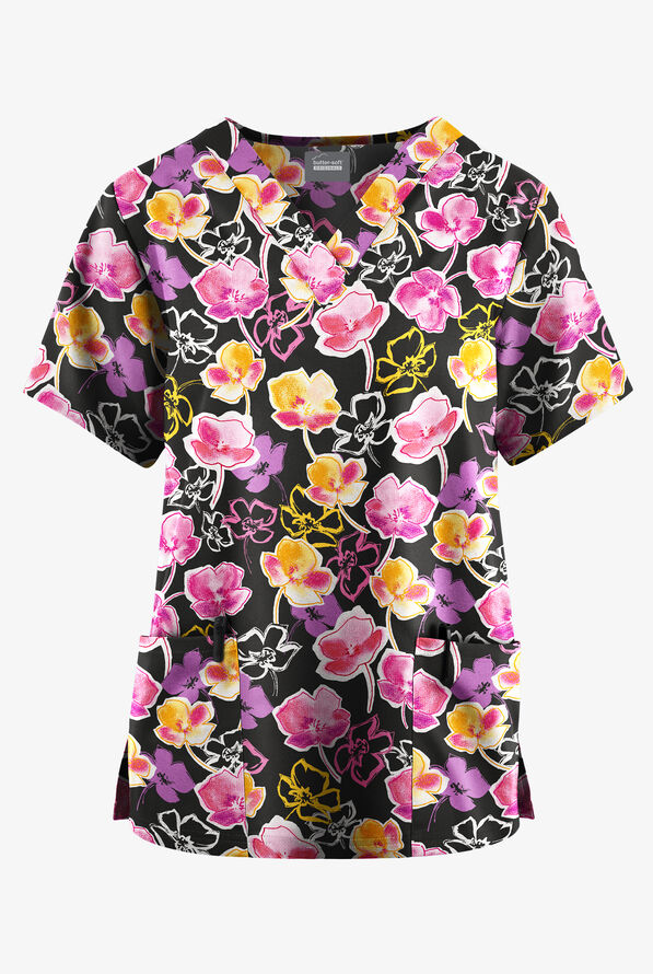 Blusa médica estampada Butter-Soft Originals Spring Poppies Pewter con cuello en V y 2 bolsillos para mujer - null - 1