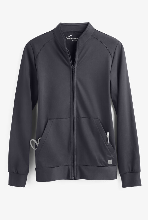 Butter-Soft STRETCH Women's 2-Pocket Technical Knit Zip Front Scrub Jacket - Pewter - 1