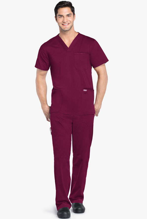 Cherokee Workwear Revolution Men's 3-Pocket STRETCH V-Neck Scrub Top - Wine - 2