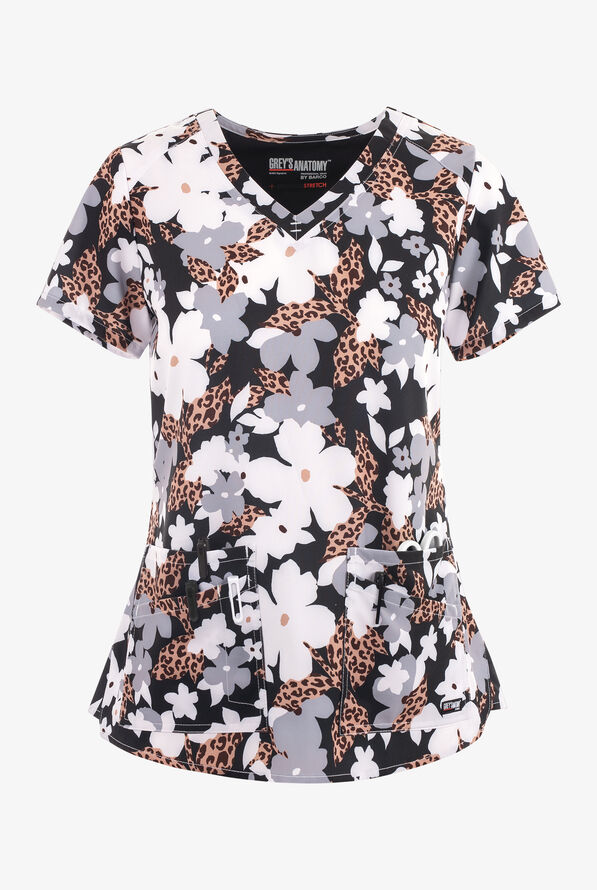 Blusa médica estampada Grey's Anatomy Spandex Cheetah Pop STRETCH con cuello en V y 4 bolsillos para mujer - null - 1