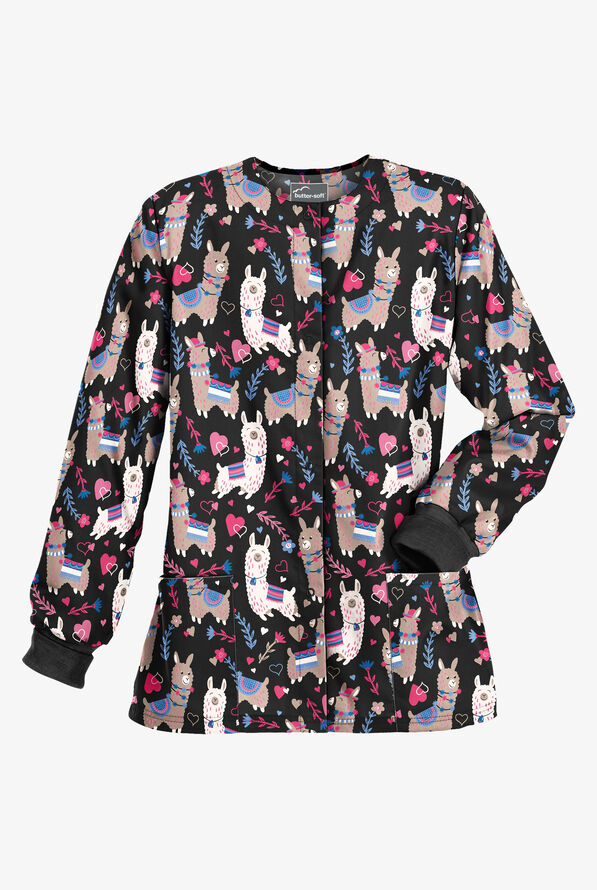 Butter-Soft Llama Party Black Printed Women's 2-Pocket Warm Up Scrub Jacket - null - 1