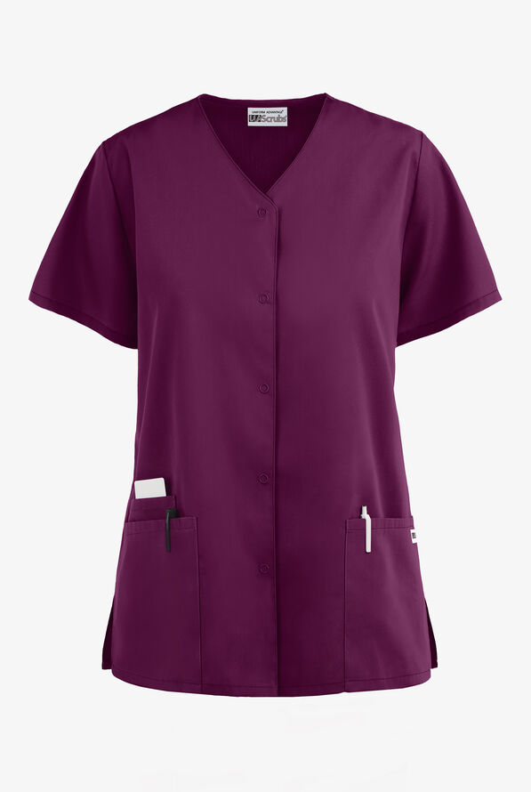 UA Best Buy Scrubs Women's 3-Pocket Snap Front Scrub Top - Wine - 1