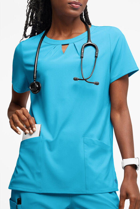 Easy STRETCH Salma Women’s 3-Pocket Keyhole Neck Scrub Top - Turquoise - 3
