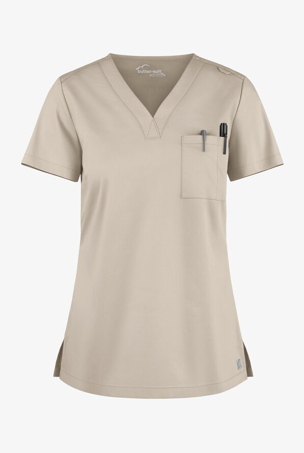 Butter-Soft STRETCH Women's 2-Pocket V-Neck Tuck-In Scrub Top - Warm Sand - 1
