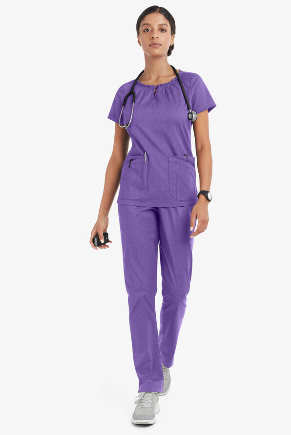 Butter-Soft STRETCH Women's 6-Pocket Short Sleeve Peasant Style Scrub Top - Sparkling Grape Heather - 2