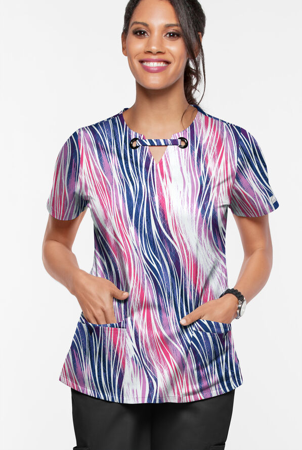 Butter-Soft STRETCH Water Waves Fuchsia Women’s 4-Pocket Grommet Neck Print Scrub Top - null - 2