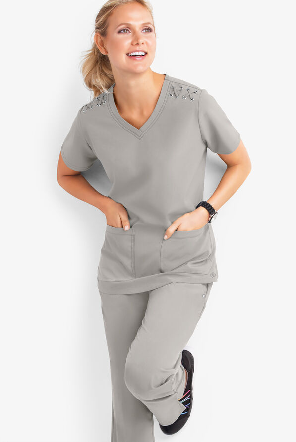 Blusa m&eacute;dica Easy STRETCH Leila con ojales con lazos y 3 bolsillos para mujer - Silver - 2