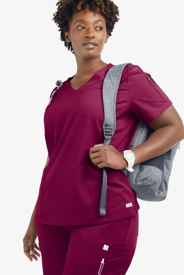 Butter-Soft Women's 6-Pocket V-Neck Scrub Top **Slightly IRREGULAR** - Wine - 8
