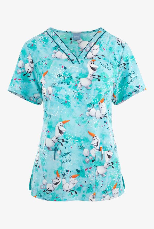Tooniforms Obviously a Unicorn Frozen Olaf Women's 2-Pocket V-Neck STRETCH Print Scrub Top - null - 1