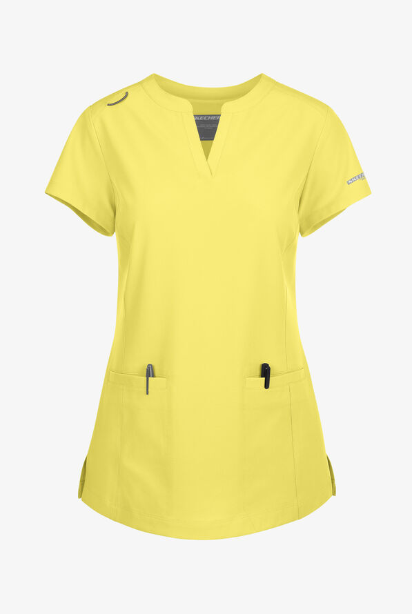 Skechers by Barco Coast Women's 2-Pocket STRETCH Banded Collar V-Placket Scrub Top - Lemon Glow - 1