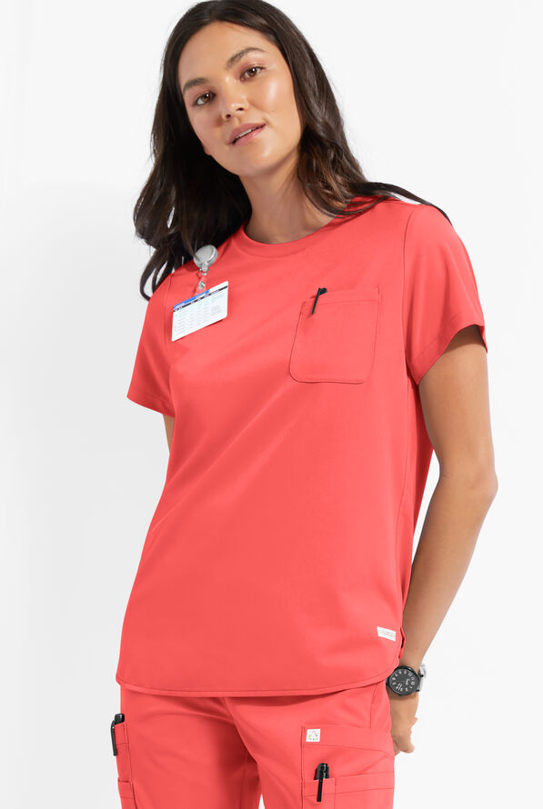 ReSurge Citrine Women's 1-Pocket Crew Neck Tuck In / Wear Out Scrub Top - Sunset Rose - 2
