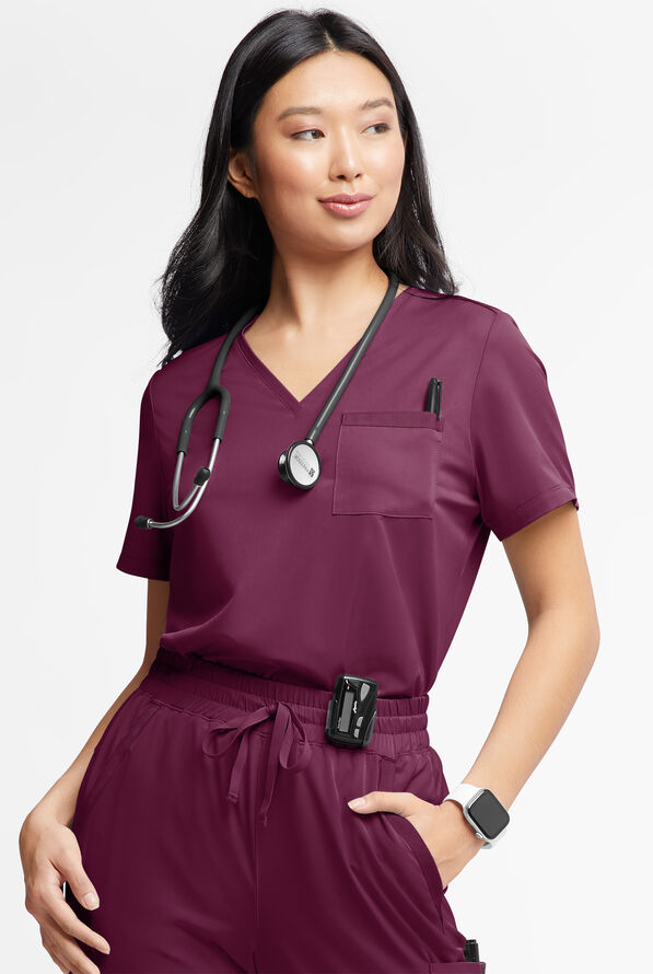 WhisperLite Zora Women's 2-Pocket Stretch V-Neck Tuck-in Scrub Top - Wine - 1