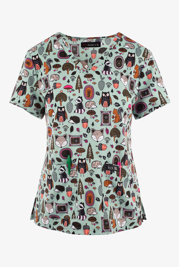 koi Basics Foxy Whimsical Women's 2Pocket STRETCH VNeck Print Scrub