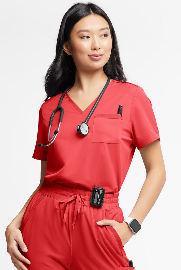 WhisperLite Zora Women's 2-Pocket Stretch V-Neck Tuck-in Scrub Top - Diva Red - 1