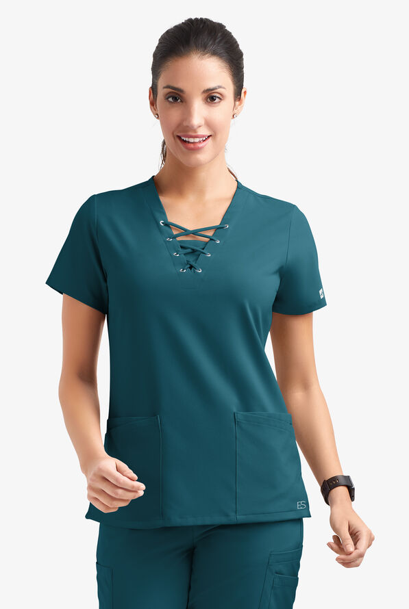 Easy STRETCH Gisele Women's 4-Pocket Lace Up V-Neck Scrub Top - Caribbean Blue - 2