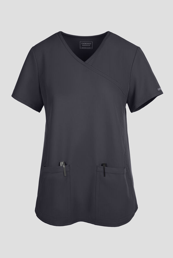 Cherokee Workwear Originals Ultra Women's 2-Pocket STRETCH Maternity Mock Wrap Scrub Top - Pewter - 1