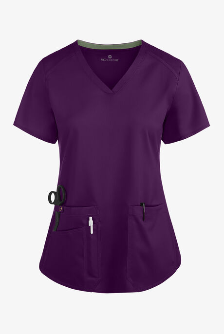 Med Couture Touch Women's 3-Pocket STRETCH Rib-Knit Side Panels Shirttail V-Neck Scrub Top