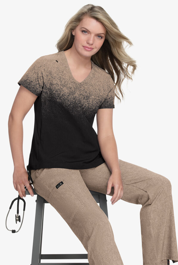 koi Basics Cali Ombre Heather Taupe/Black Women's 2-Pocket STRETCH V-Neck Print Scrub Top - null - 3