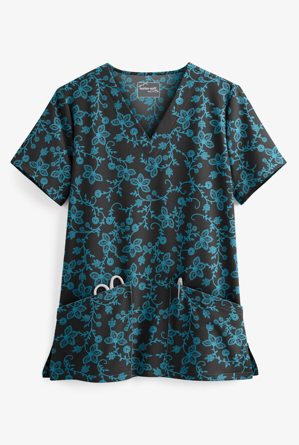 Butter-Soft STRETCH Black Floral Vines Women's 2-Pocket V-Neck Print Scrub Top - null - 1