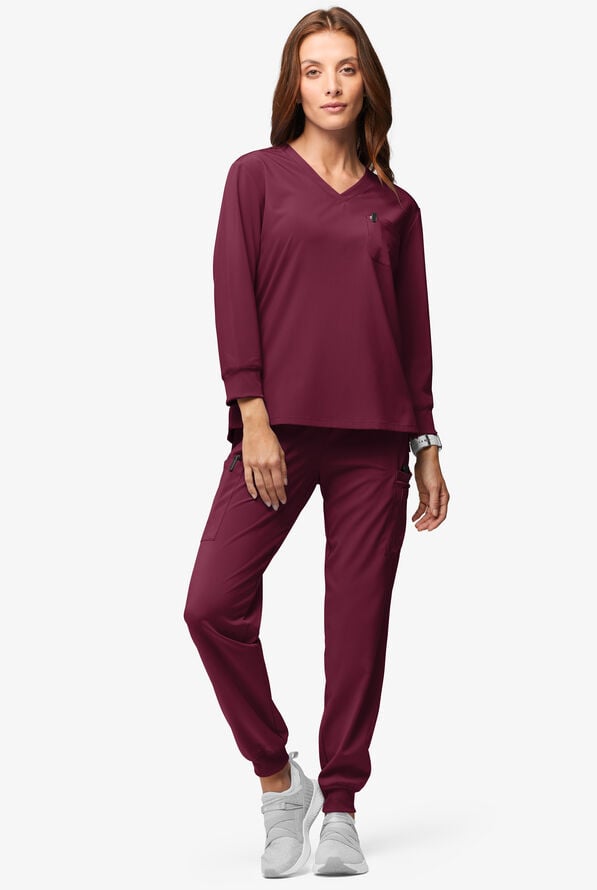 Blusa m&eacute;dica mangas 3/4 Easy STRETCH de corte holgado con cuello en V y 2 bolsillos para mujer - Wine - 4
