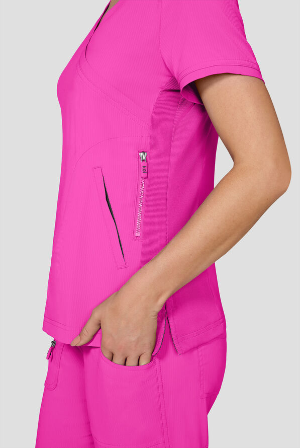 koi Lite&trade; Philosophy Women's 3-Pocket Mock Wrap Side Zipper Scrub Top - Hibiscus Pink - 3