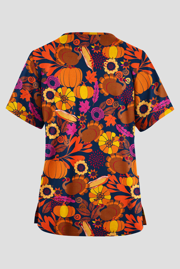 Butter-Soft Originals Forest Thanksgiving Navy Women's 2-Pocket V-Neck Print Scrub Top - null - 2