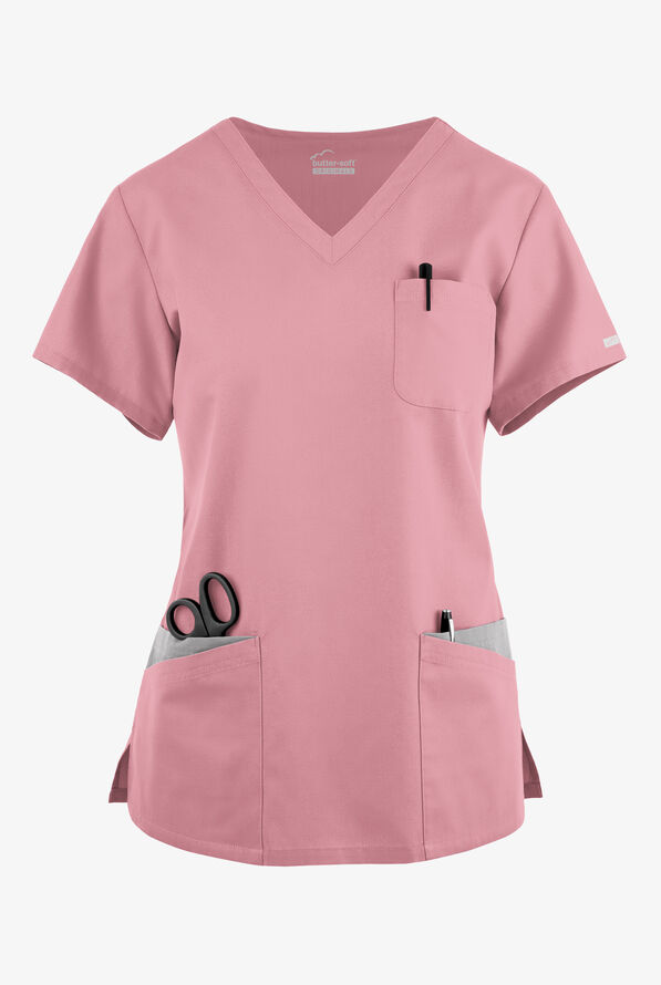 Butter-Soft Originals Women's 7-Pocket Curved V-Neck Scrub Top - Cosmo Pink / Silver - 1