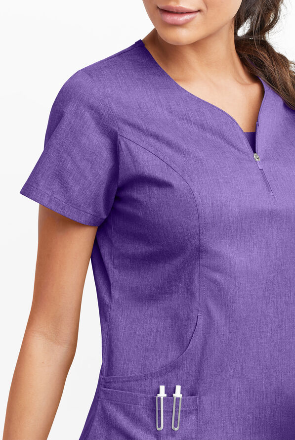 Butter-Soft STRETCH Women's 4-Pocket Curved Neck Zipper Scrub Top - Sparkling Grape Heather - 3