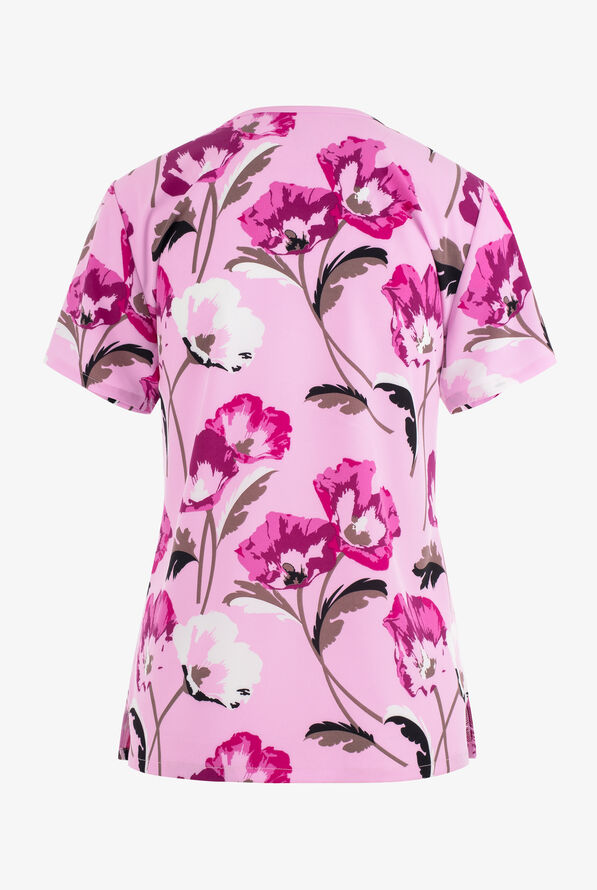 Green Town Field Flowers Women's 3-Pocket STRETCH V-Neck Print Scrub Top - null - 2