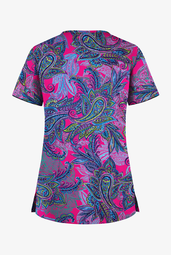 Butter-Soft STRETCH Layered Paisley Fuchsia Women's 1-Pocket Tuck-In V-Neck Print Scrub Top - null - 2