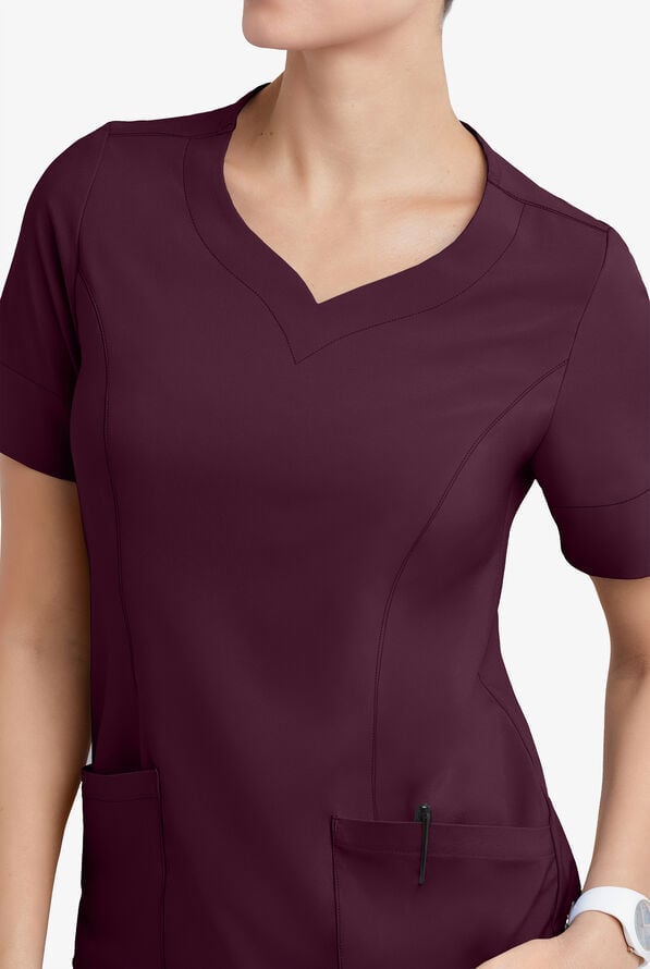 Easy STRETCH Aisha Women's 2-Pocket Sweetheart Neckline Scrub Top - Dark Mulberry - 3