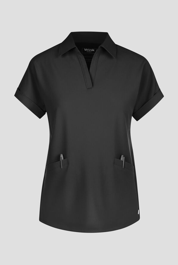 Wink Renew Women's 2-Pocket STRETCH Dolman Sleeve Shirt Collar Scrub Top - Black - 1