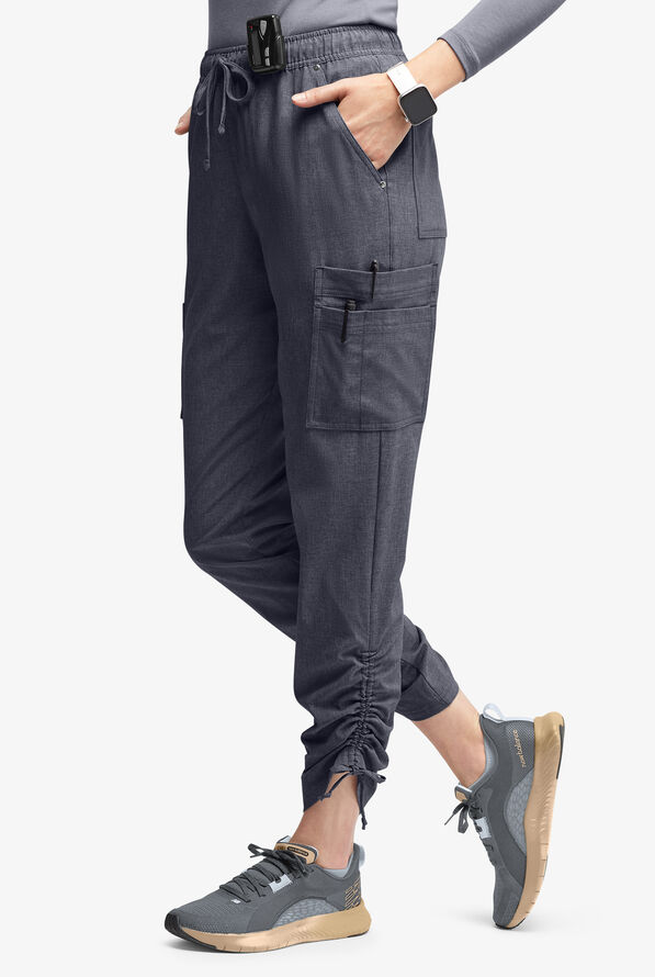 Easy STRETCH Halle Women's 11-Pocket Ruched Leg Jogger Scrub Pants - Petite - Charcoal Heather - 1