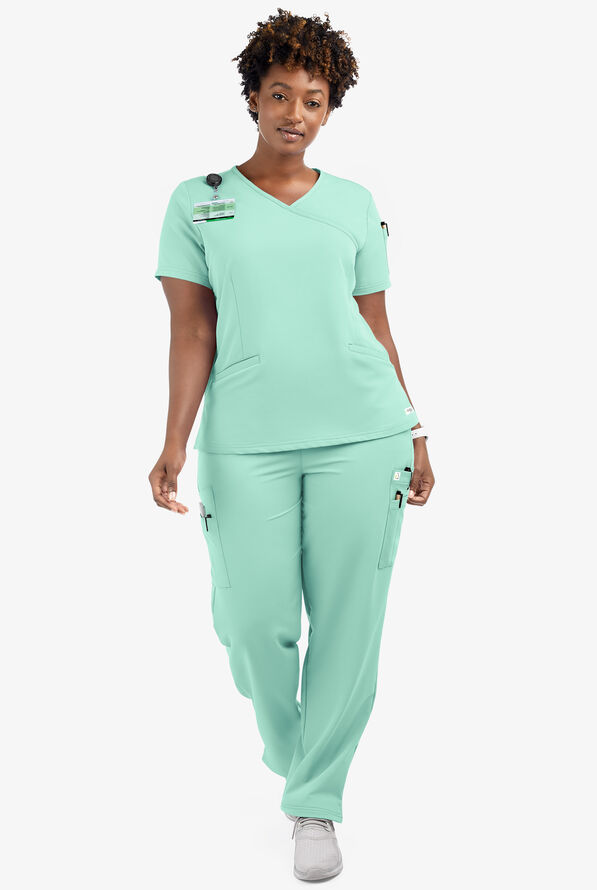 Butter-Soft Women's 5-Pockets Faux Wrap Scrub Top **Slightly IRREGULAR** - Beachside Blue - 4