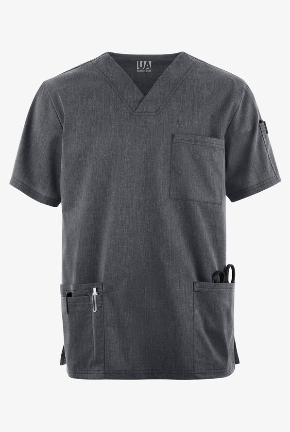 Butter-Soft STRETCH Men's 6-Pocket V-Neck Scrub Top - Heather Charcoal - 1