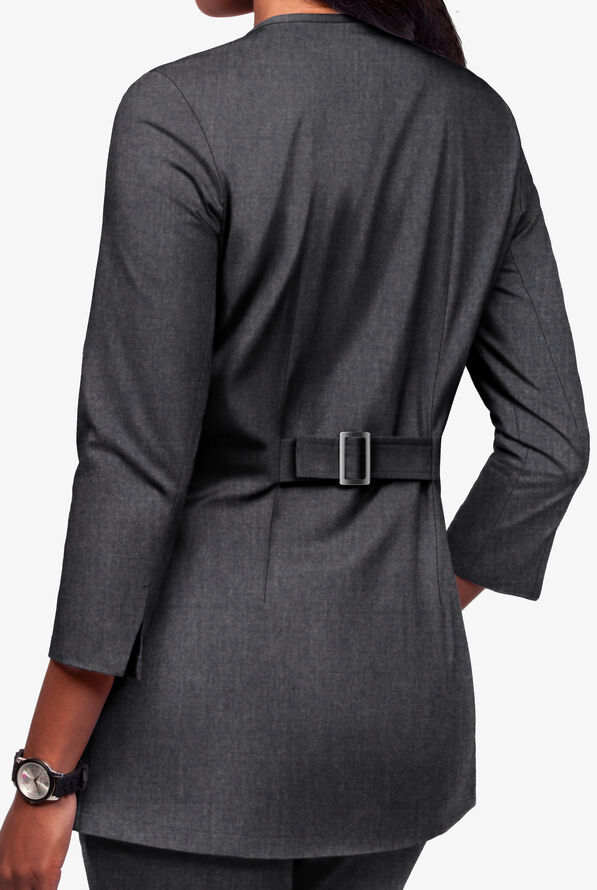 Butter-Soft STRETCH Women's 4-Pocket Jewel Neck Consultation Scrub Lab Coat - Heather Charcoal - 3