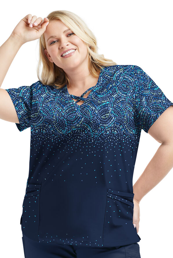 Strictly Scrubs STRETCH Roman Mosaic Navy Women's 4-Pocket Criss Cross Print Scrub Top - null - 1
