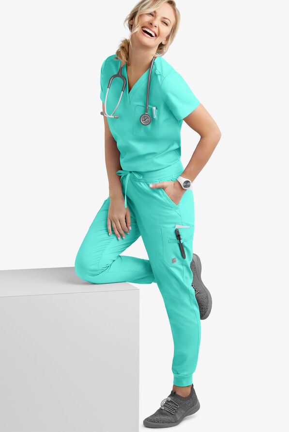 Blusa m&eacute;dica Butter-Soft STRETCH con cuello en V y 2 bolsillos para mujer - Aqua Dust - 2
