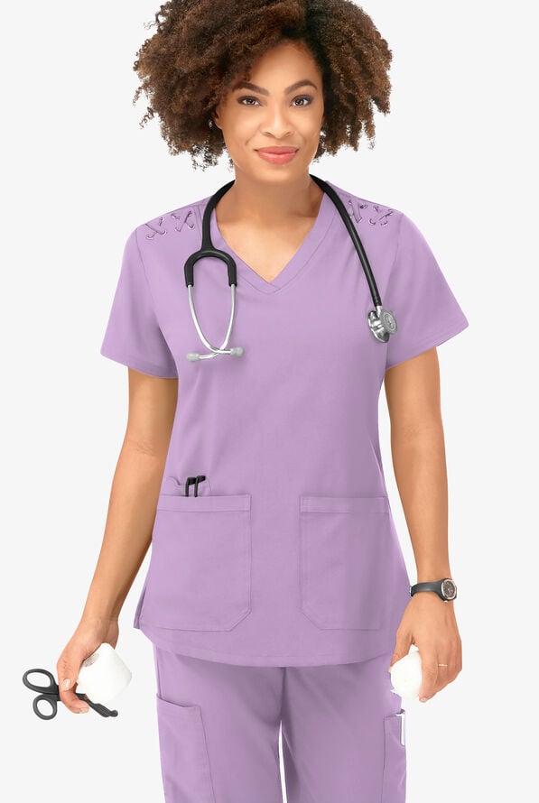 Easy STRETCH Leila Women's 3-Pocket Lace Up Grommet Scrub Top - Amethyst Mist - 5